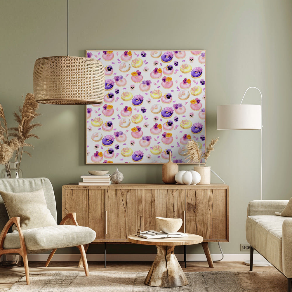 Floral watercolor donuts pattern Poster