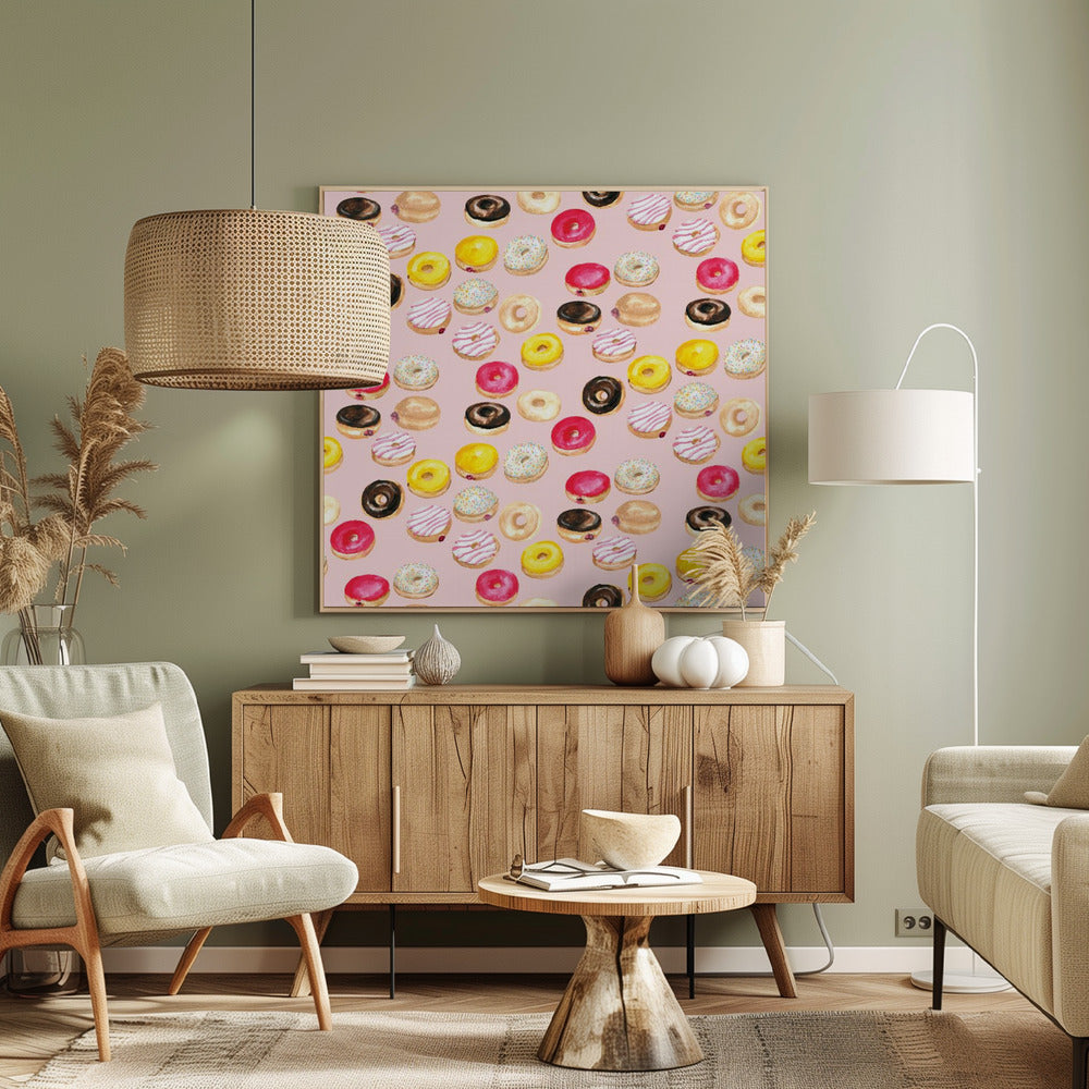 Watercolor donuts pattern in pink Poster