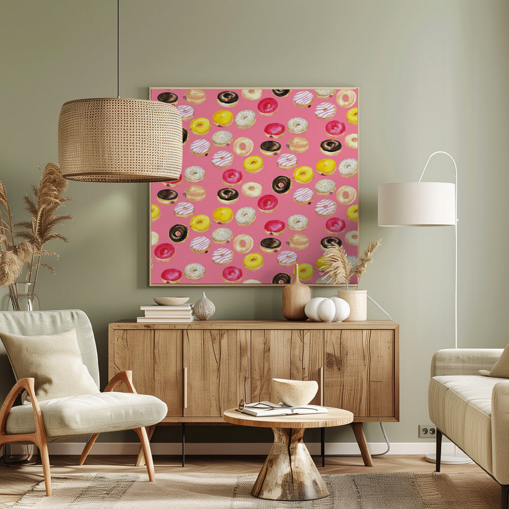 Watercolor donuts pattern in hot pink Poster