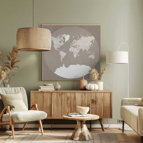 The world map in a circle, muted brown Poster