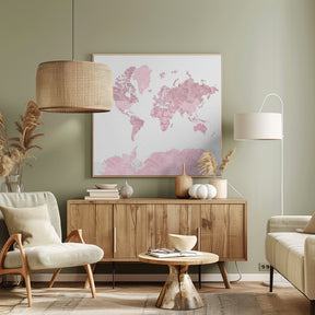 Pink watercolor world map with outlined countries, Melit Poster