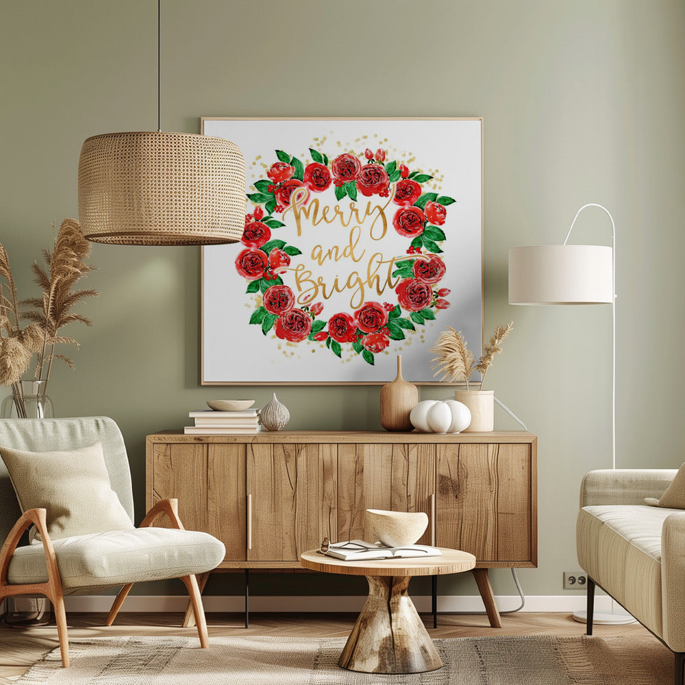 Merry and bright wreath of red English roses Poster