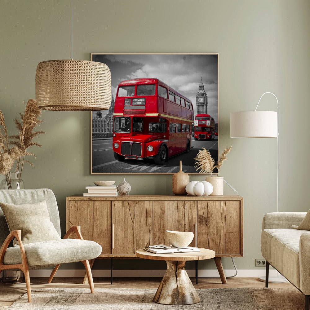 LONDON Red Buses on Westminster Bridge Poster