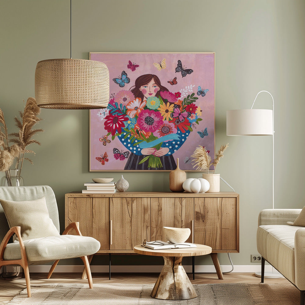 Woman with flower bouquet Poster