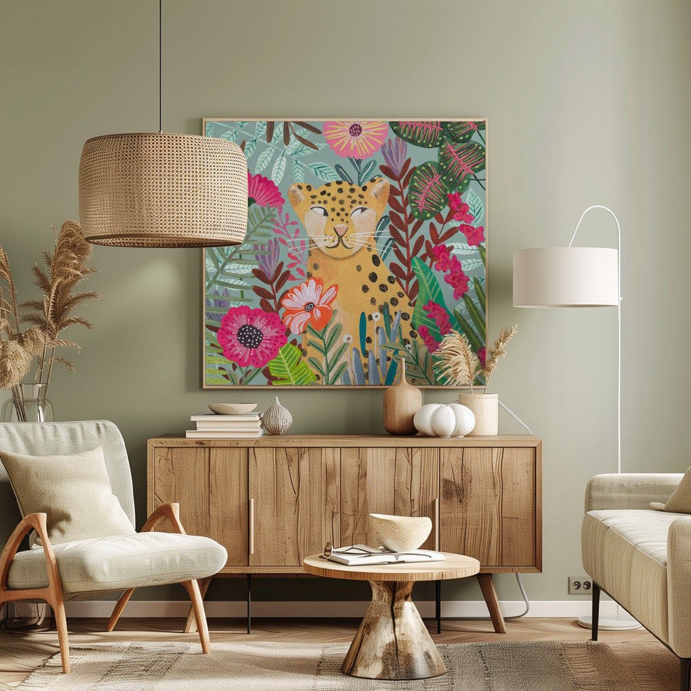 Leopard in floral jungle Poster