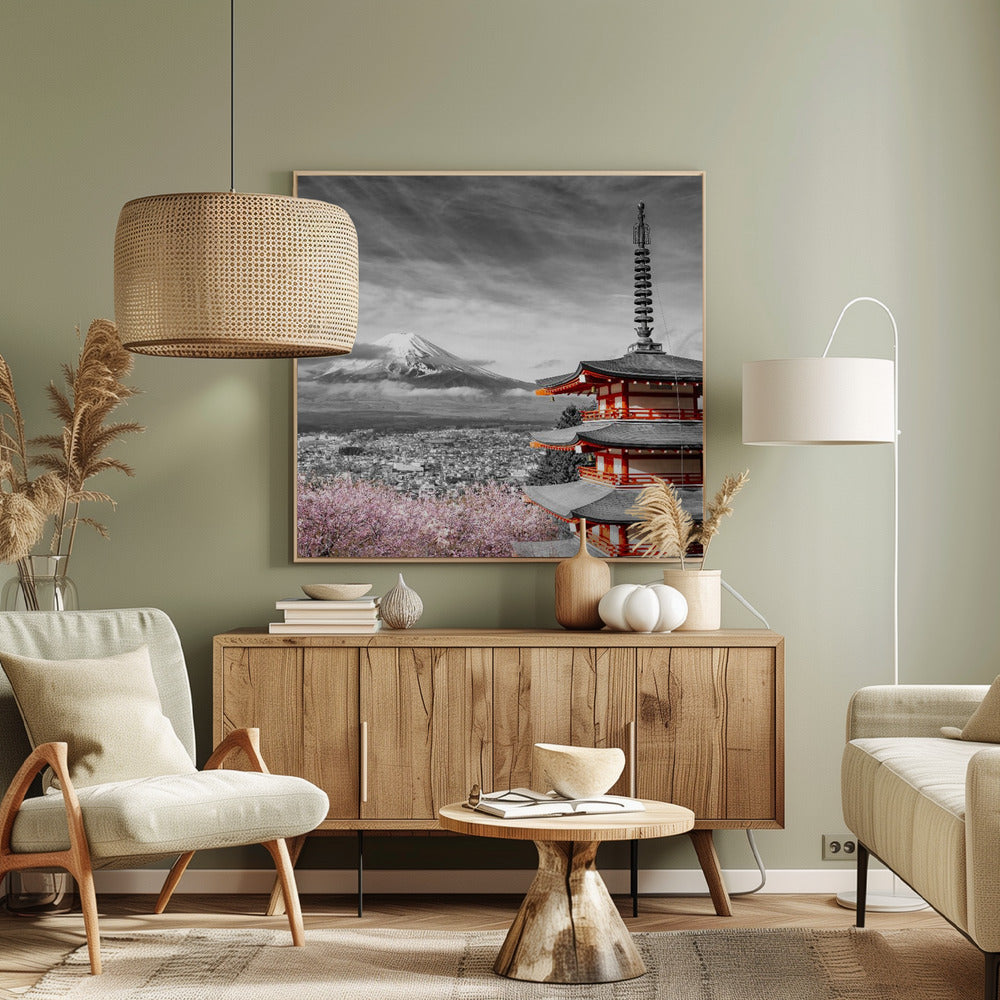 Lovely view of Mount Fuji with Chureito Pagoda during cherry blossom season - colorkey Poster