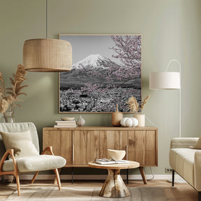 Charming view of Mount Fuji during cherry blossom season - colorkey Poster