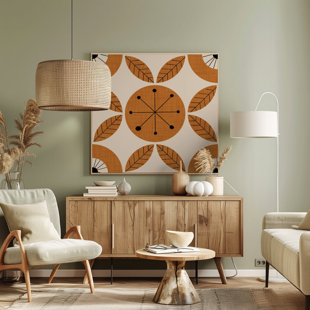 Atomic Floral Botanic Dots Ocher   Mid Century Modern Poster