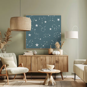 Celestial Constellation Boho-Moon and Stars In Dark Neutral-Slate Teal Poster