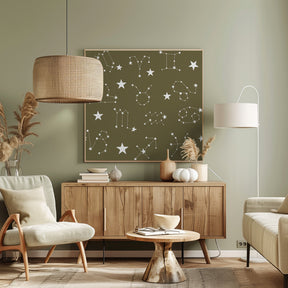 Celestial Constellation Boho-Moon and Stars In Dark Neutral-Olive Poster