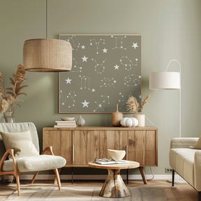 Celestial Constellation Boho-Moon and Stars In Dark Neutral - Olive Slate Poster