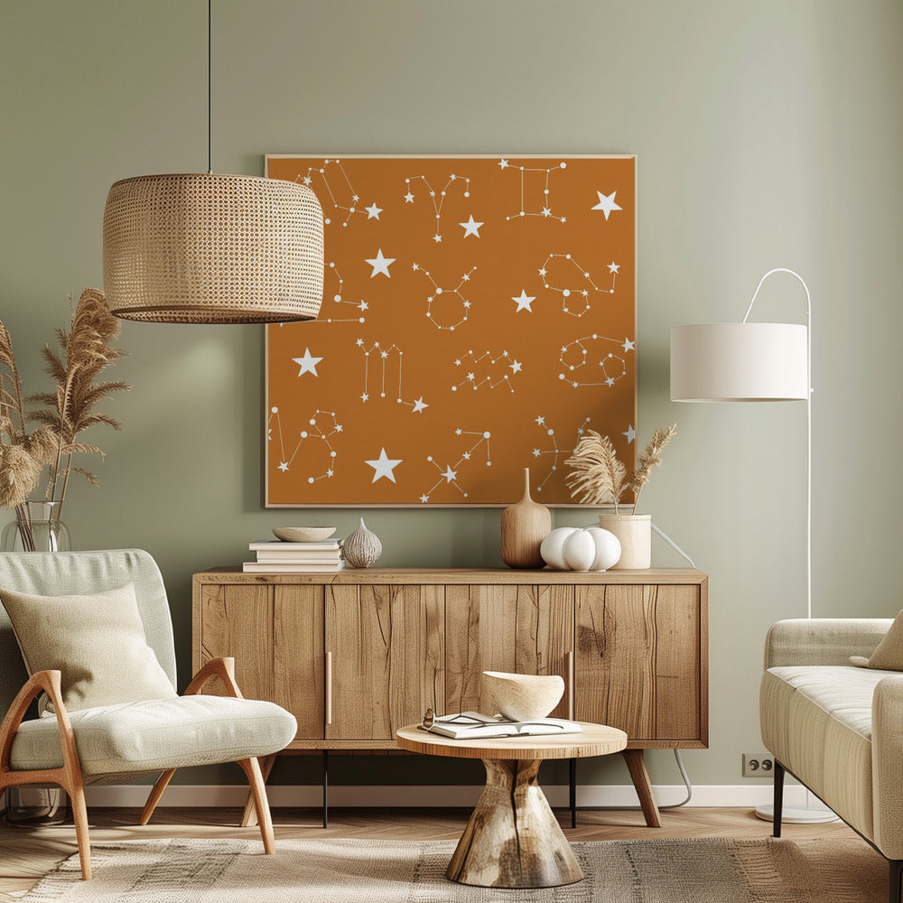 Celestial Constellation Boho-Moon and Stars In Dark Neutral- Ocher Poster