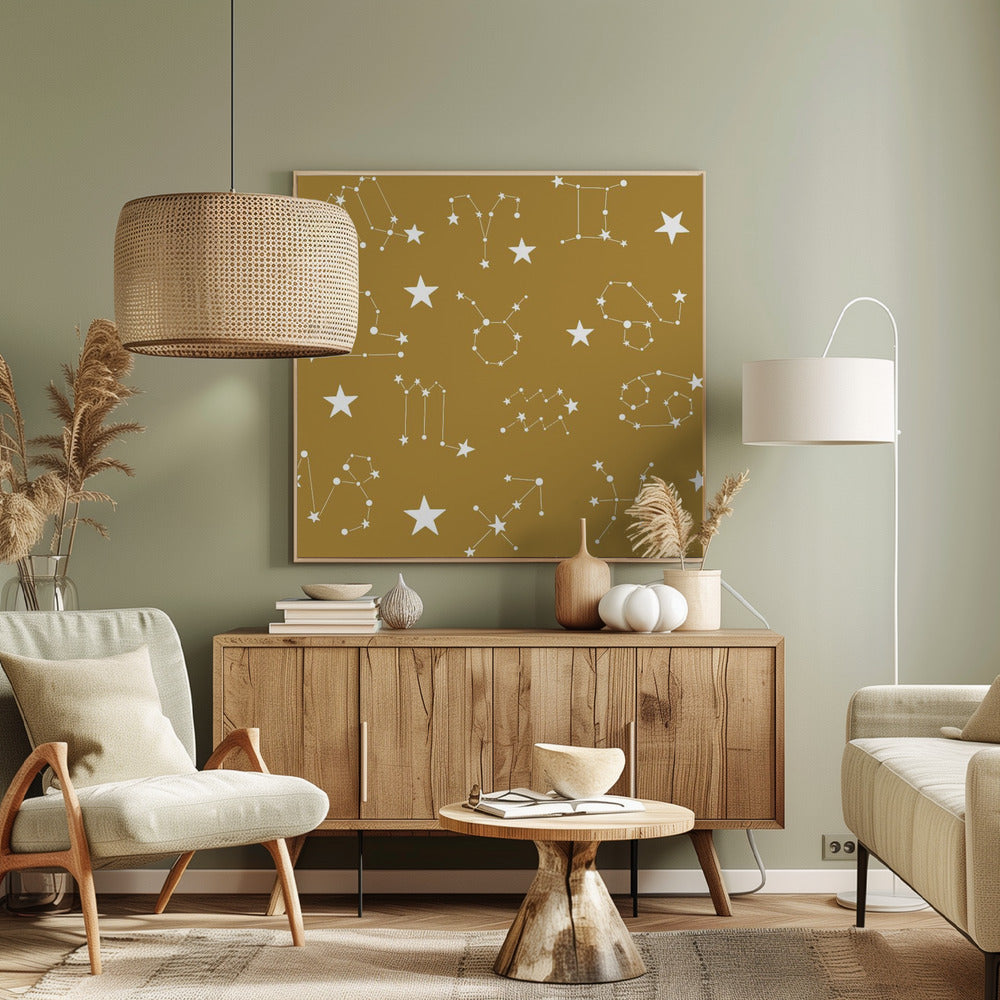 Celestial Constellation Boho-Moon and Stars In Dark Neutral-Mustard Poster