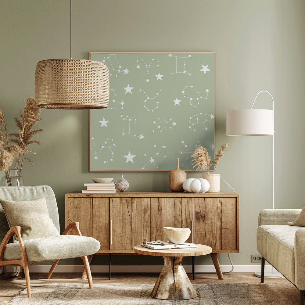 Celestial Constellation Boho-Moon and Stars In Dark Neutral- Sage Poster