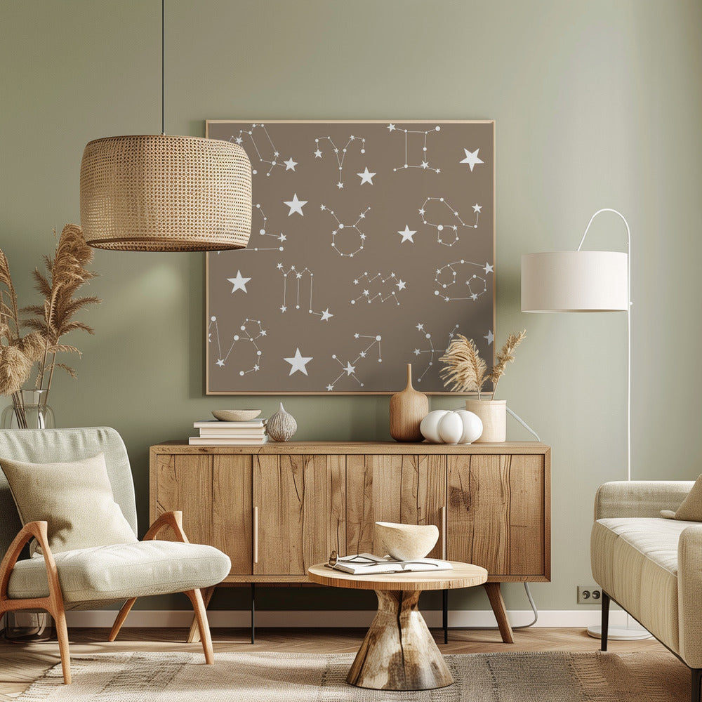 Celestial Constellation Boho-Moon and Stars In Dark Neutral- Taupe Poster