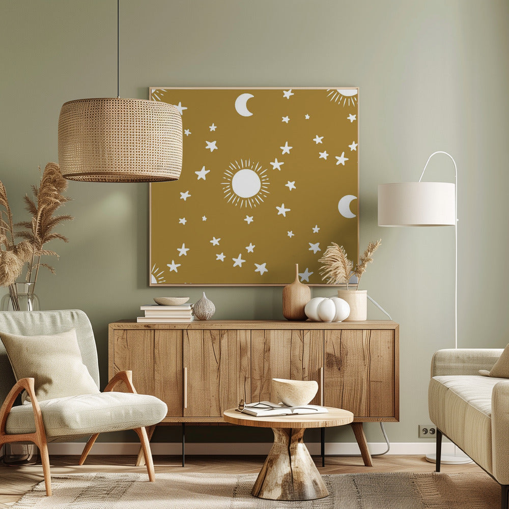 Celestial Dreamscape - Neutral Stars &amp; Shooting Stars Nursery-Golden Olive Poster