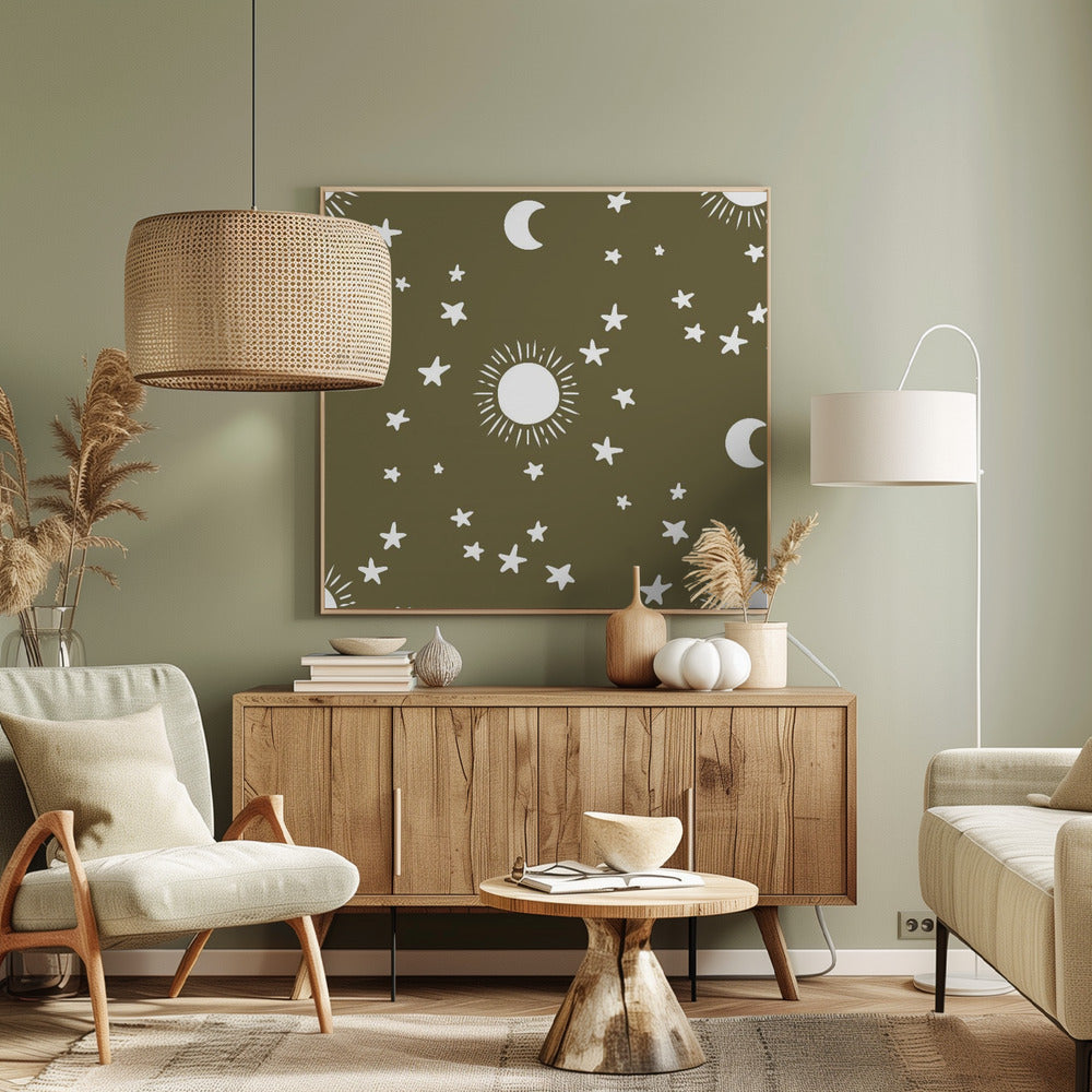 Celestial Dreamscape - Neutral Stars &amp; Shooting Stars Nursery- Olive Poster