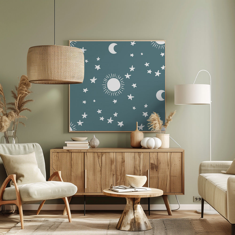 Celestial Dreamscape - Neutral Stars &amp; Shooting Stars Nursery- Slate Blue Poster