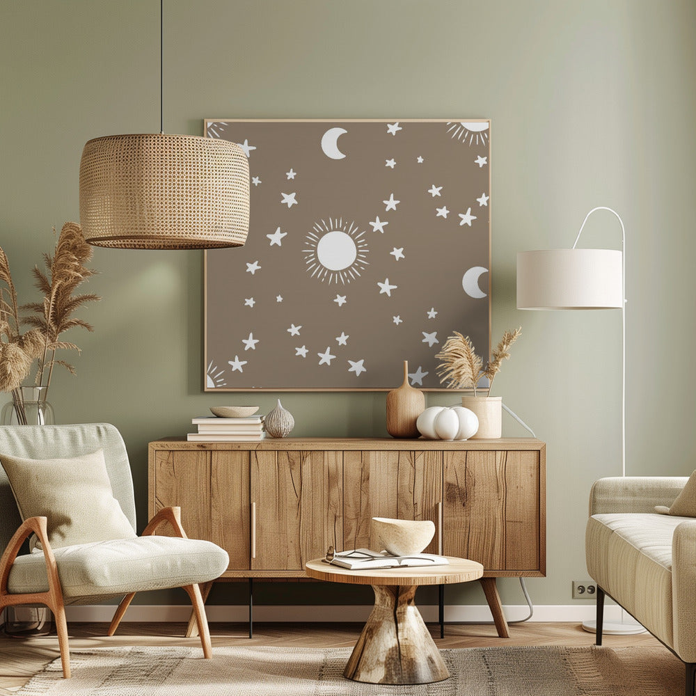 Celestial Dreamscape - Neutral Stars &amp; Shooting Stars Nursery- Taupe Poster