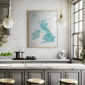 Aquamarine watercolor map of the United Kingdom Poster