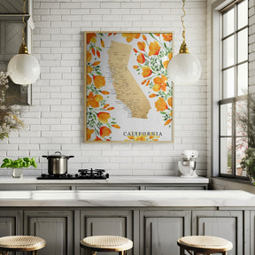 California map with watercolor poppies Poster