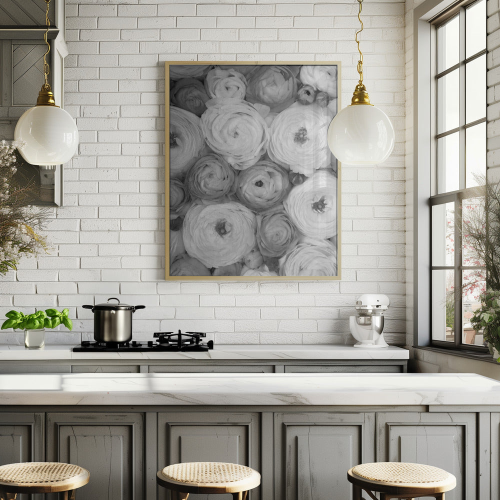 Scattered ranunculus grayscale II Poster