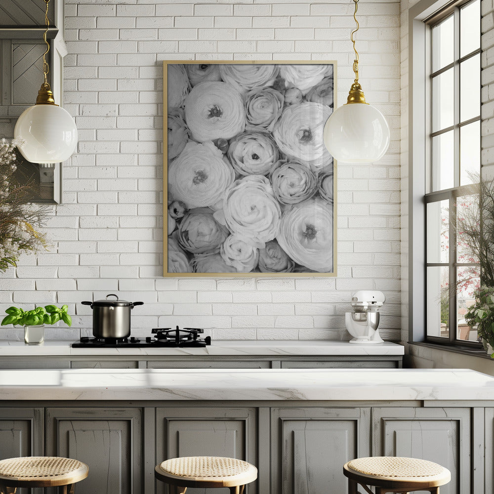 Scattered ranunculus grayscale I Poster