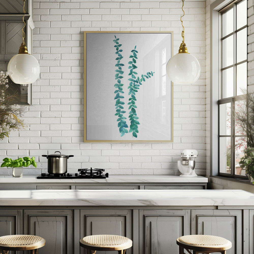 Watercolor eucalyptus branches in teal Poster