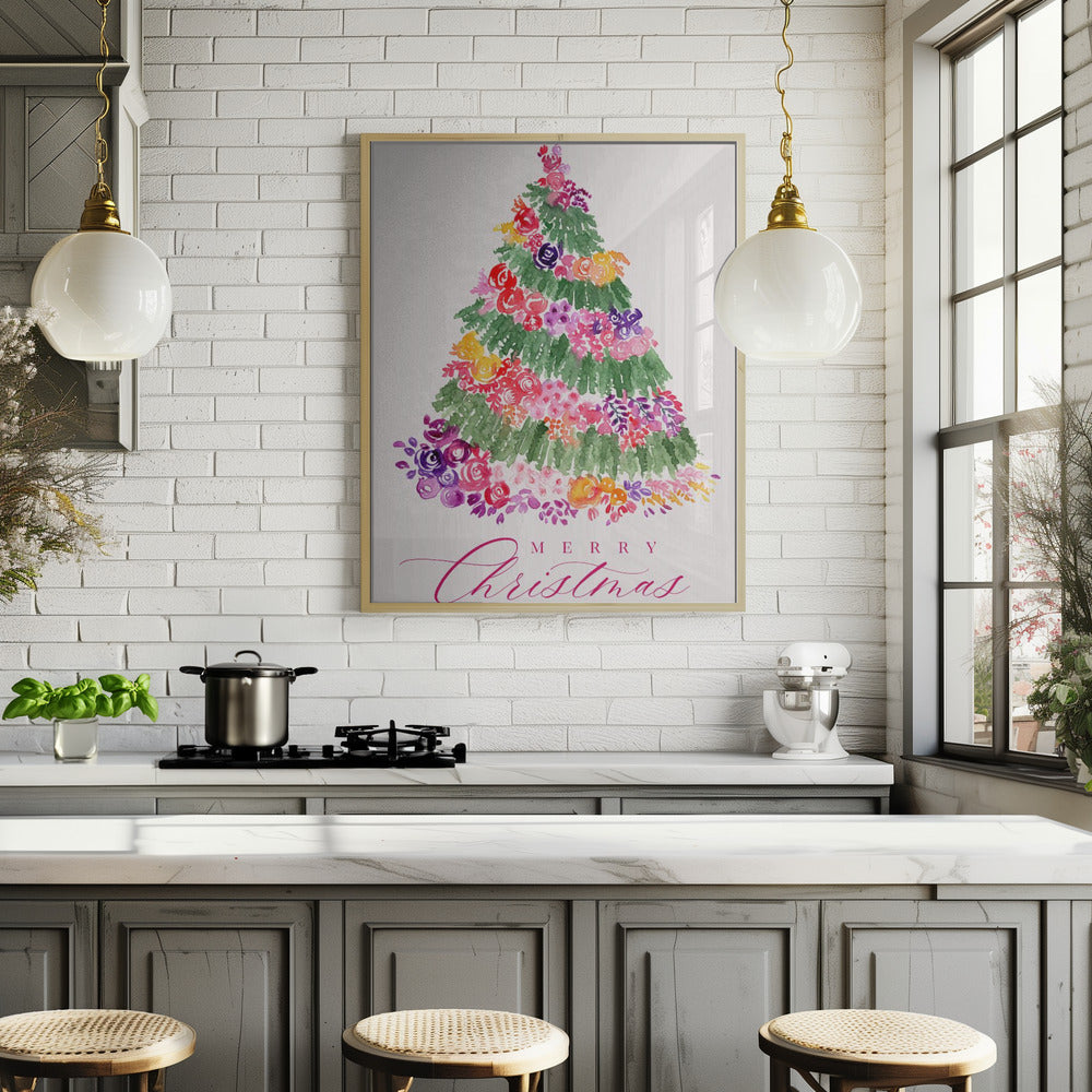 Floral watercolor merry Christmas tree Poster