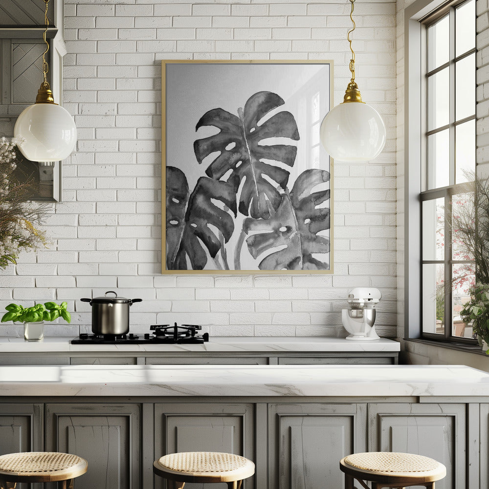 Monstera Leaves In Loose Watercolor Black and White Poster