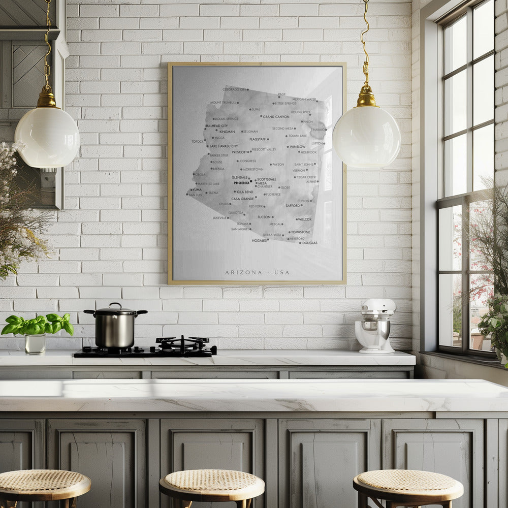 Grayscale watercolor map of Arizona, USA Poster