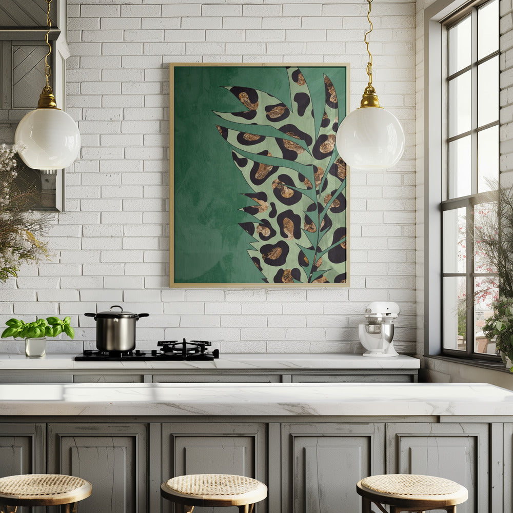 Green leopard print palm leaf Poster