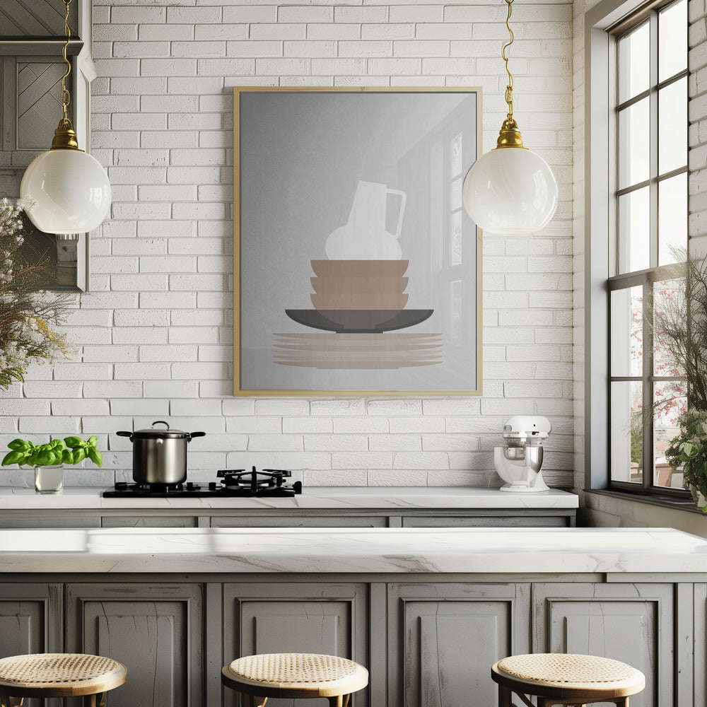 Dishes and vase in gray Poster