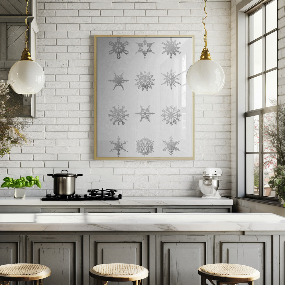 Twelve geometric snowflakes in gray Poster