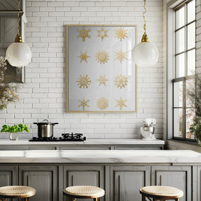 Twelve geometric snowflakes in gold Poster