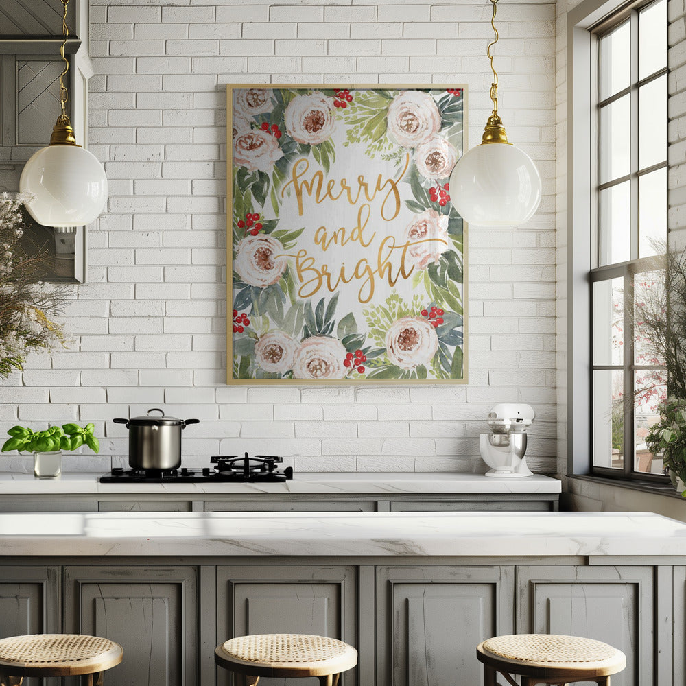 Merry and bright holiday roses and berries Poster