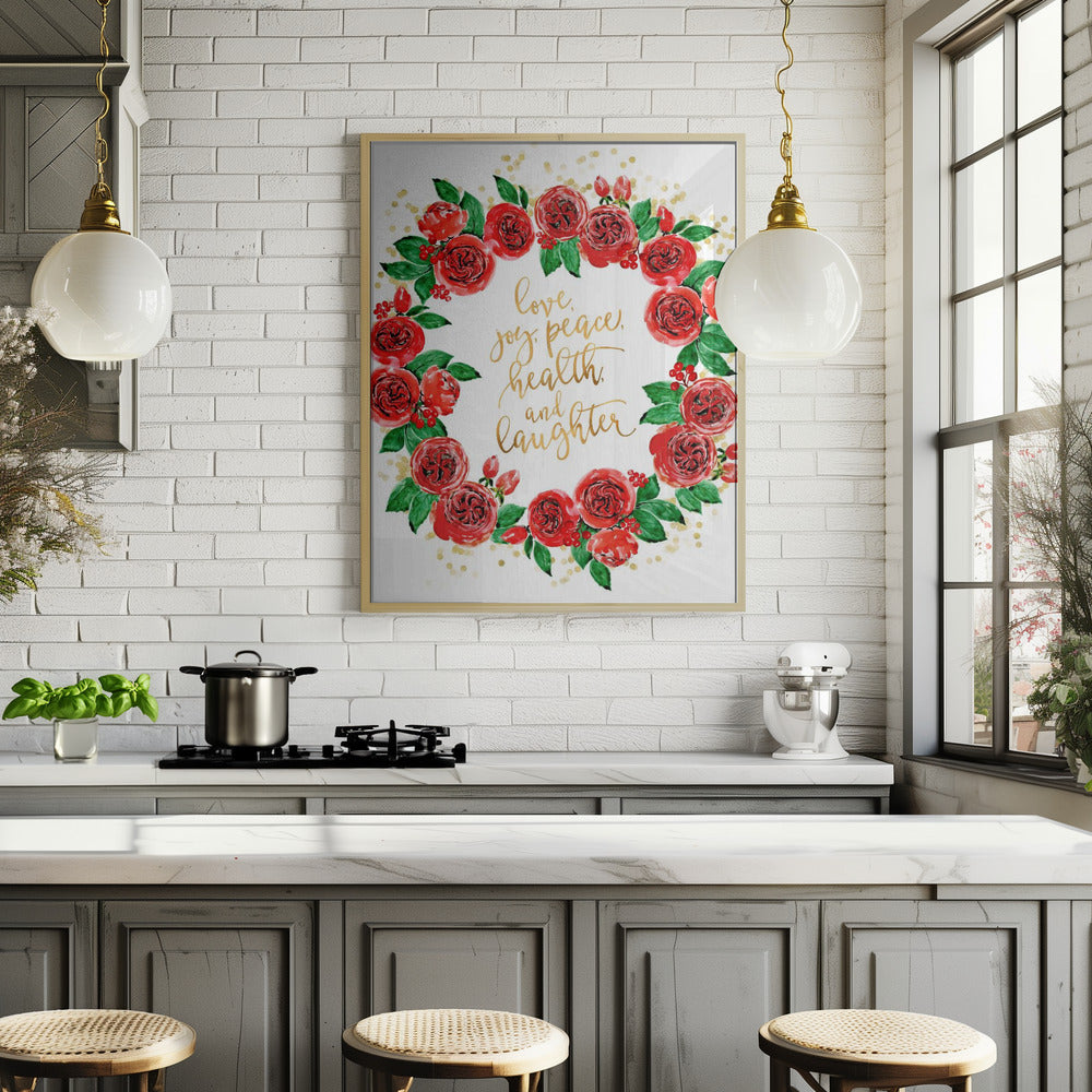 Holiday wishes wreath of red English roses Poster