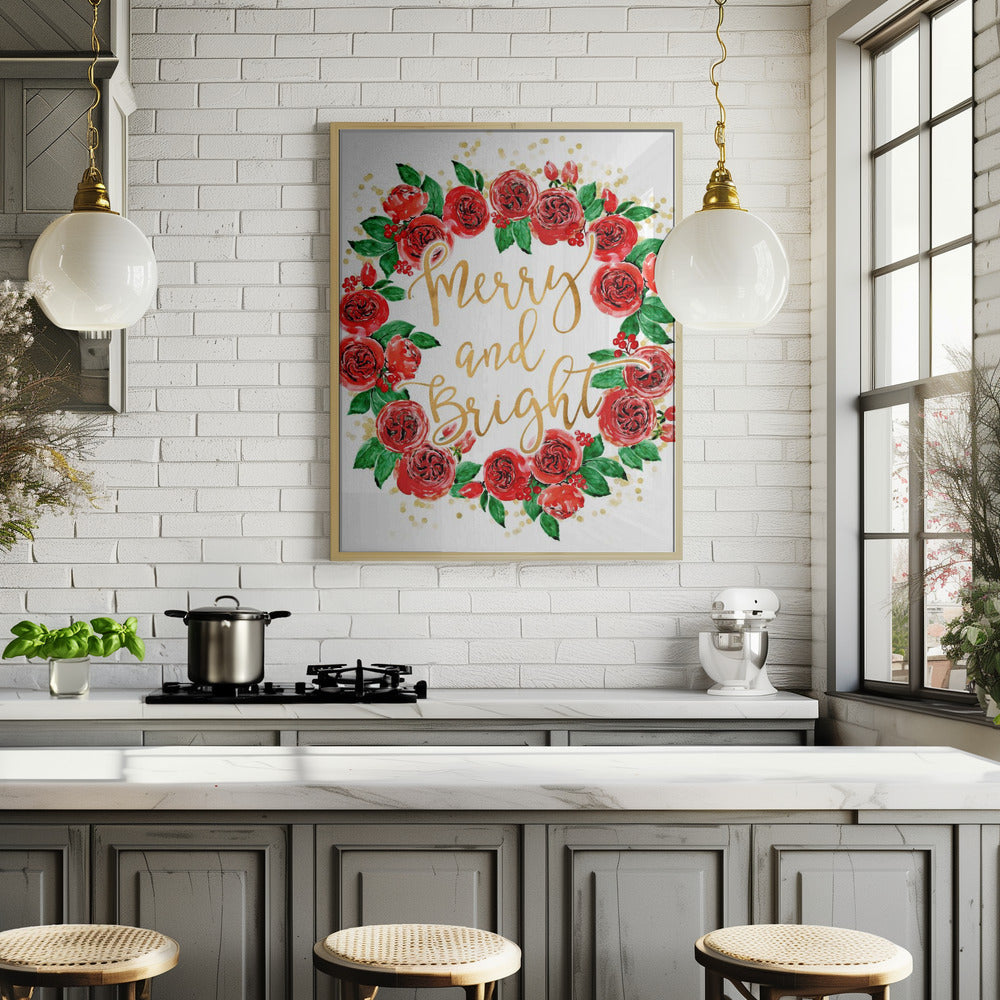 Merry and bright wreath of red English roses Poster