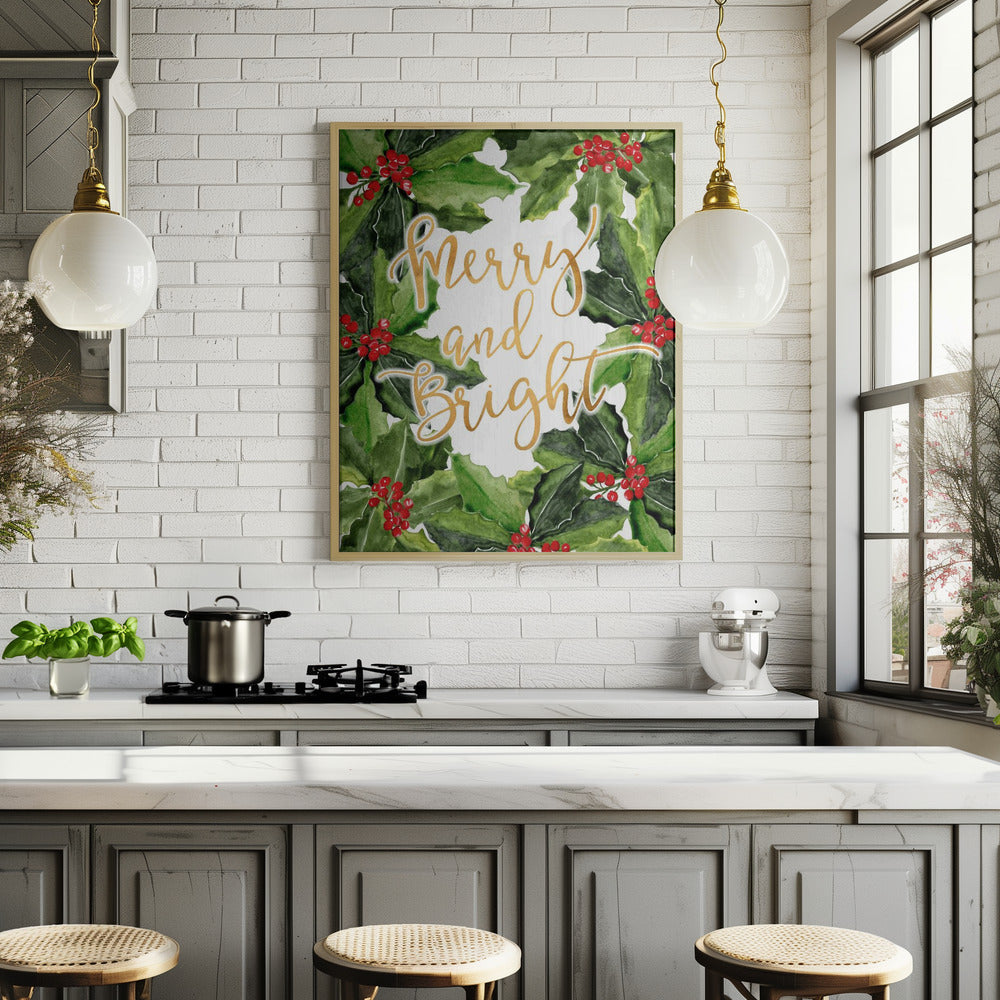 Merry and bright holly floral art Poster