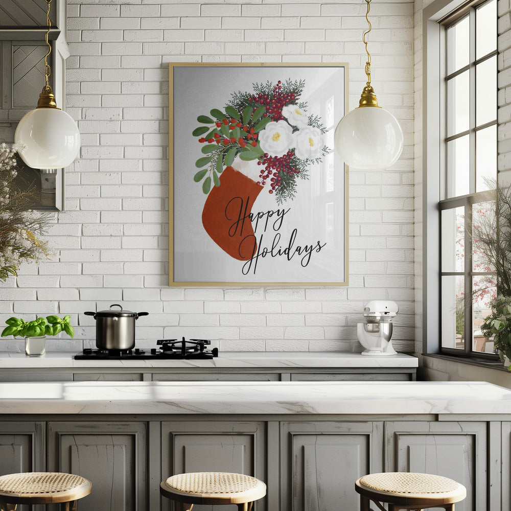 Floral Stocking Happy holidays in white Poster