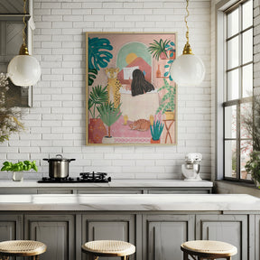 Woman taking bath in pink tropical bathroom Poster