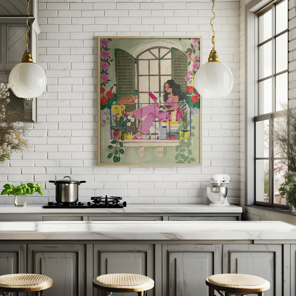 Woman reads on balcony Poster