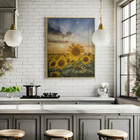 Sunset with beautiful sunflowers Poster