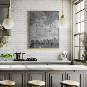 NYC Brooklyn Bridge &amp; Lower Manhattan | Text &amp; Skyline Poster