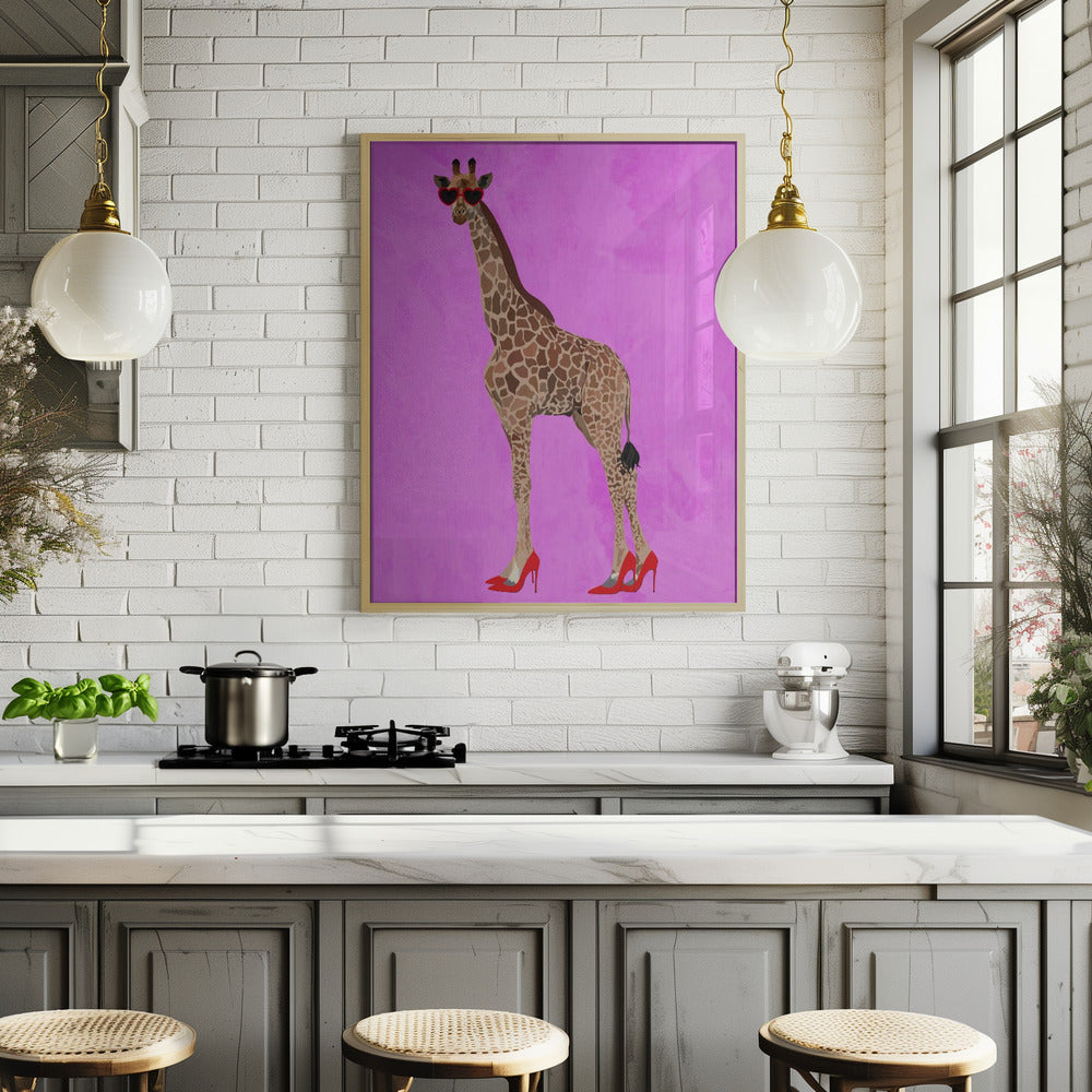 Giraffe wearing heels and heart glasses pink Poster