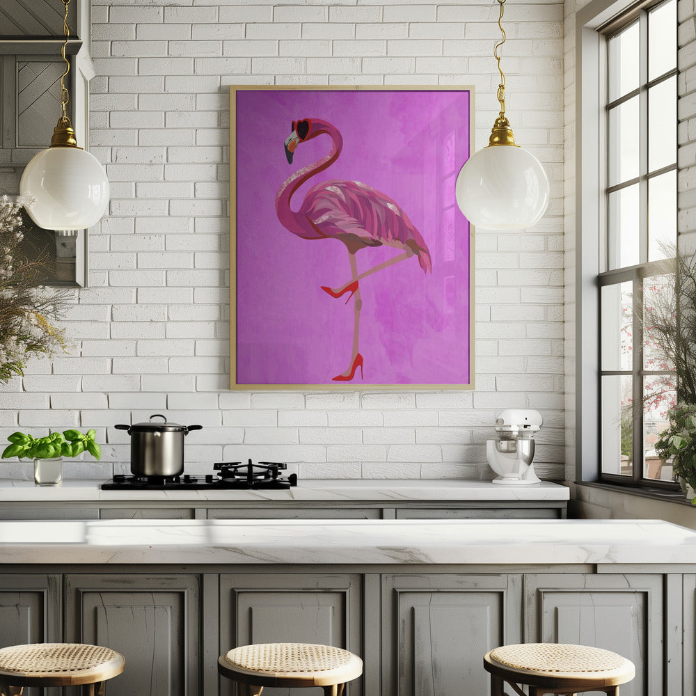 Flamingo in heels and heart glasses pink Poster