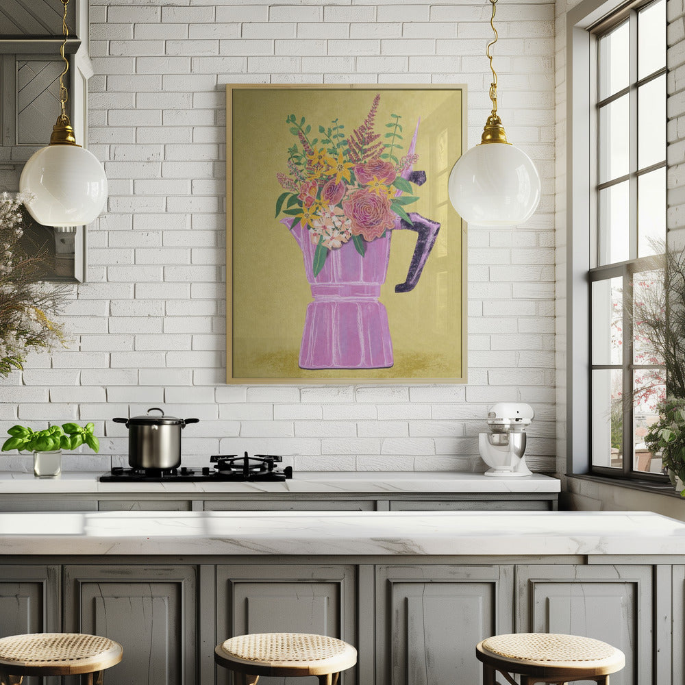 Espresso Maker with Flowers Poster