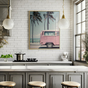 Pink Bus By the Beach Poster