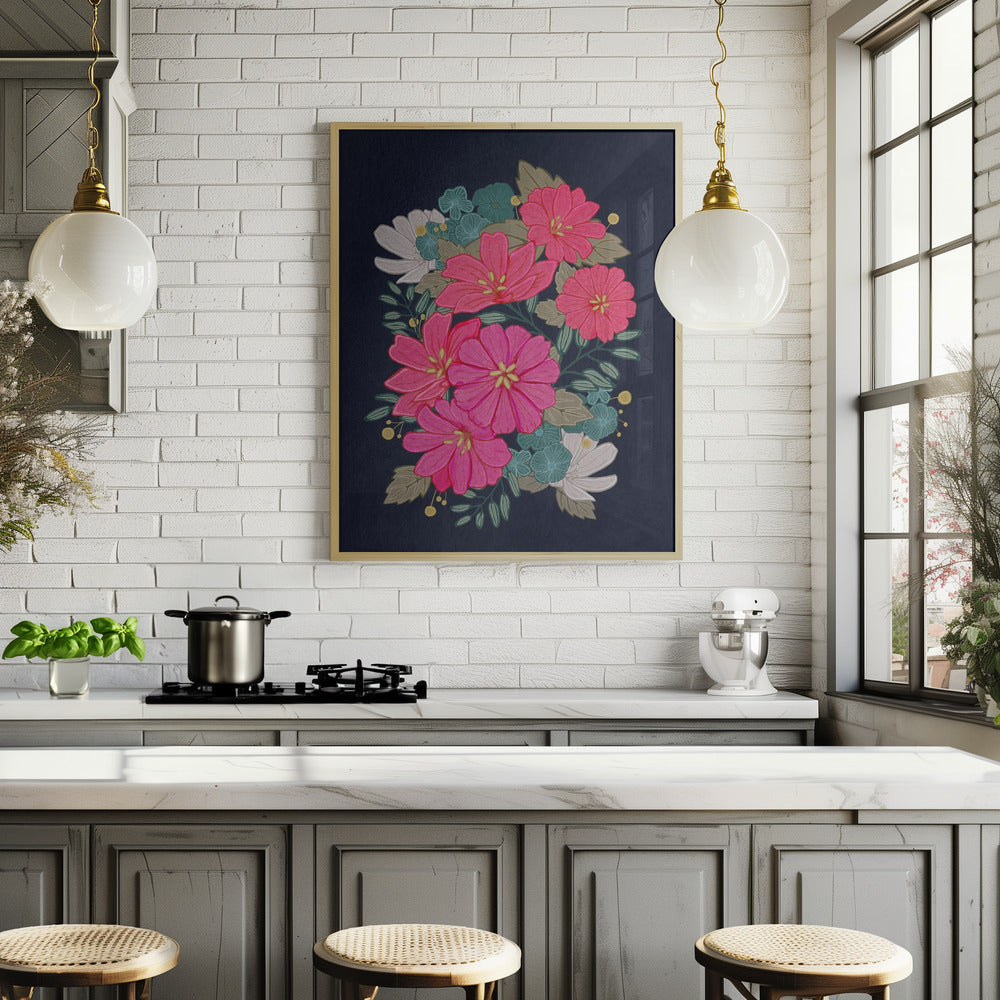 Flower Bouquet On Navy Poster