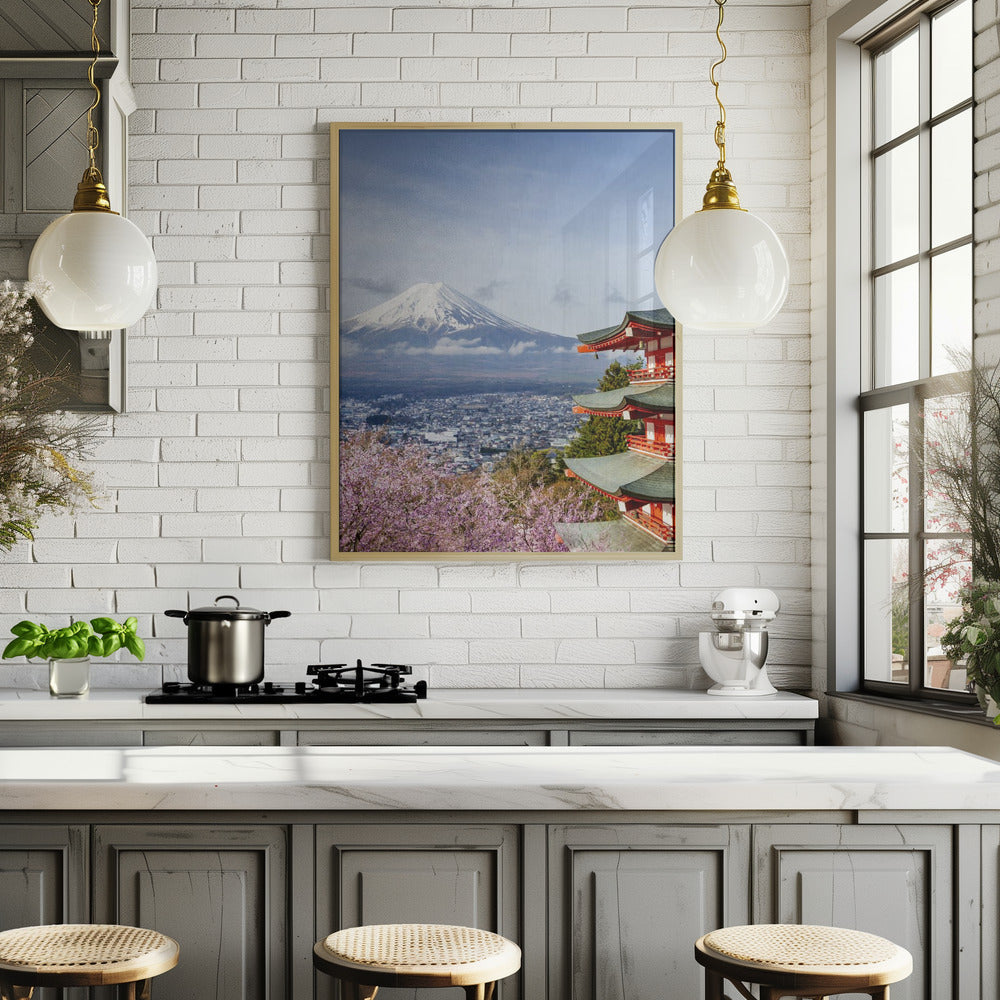 Unique view of Mount Fuji with Chureito Pagoda during cherry blossom season Poster